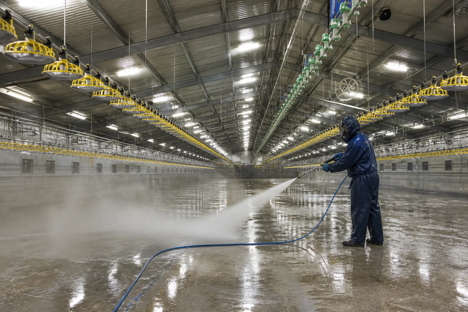 Operative carrying out intensive pressure washing inside an empty poultry house
