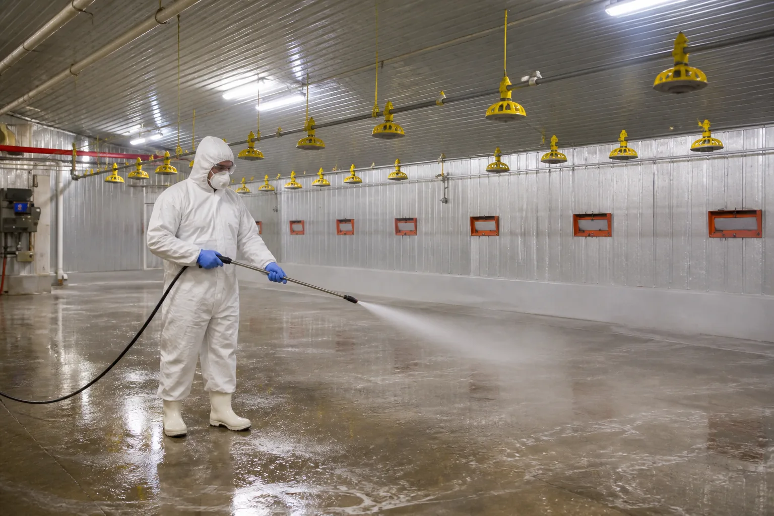 Operative applying surface treatment across a cleaned commercial poultry house