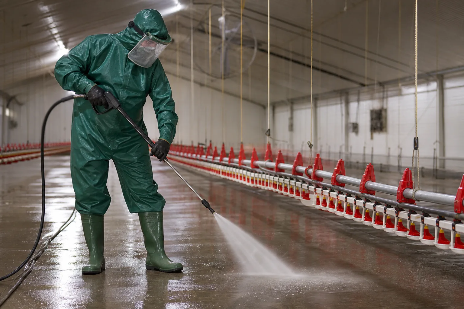 Detailed cleaning around poultry feeding and drinking equipment