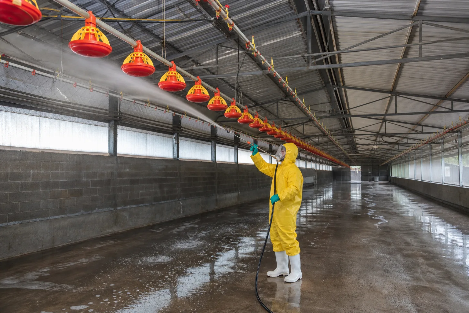 High-level washing of suspended poultry-house feeding equipment