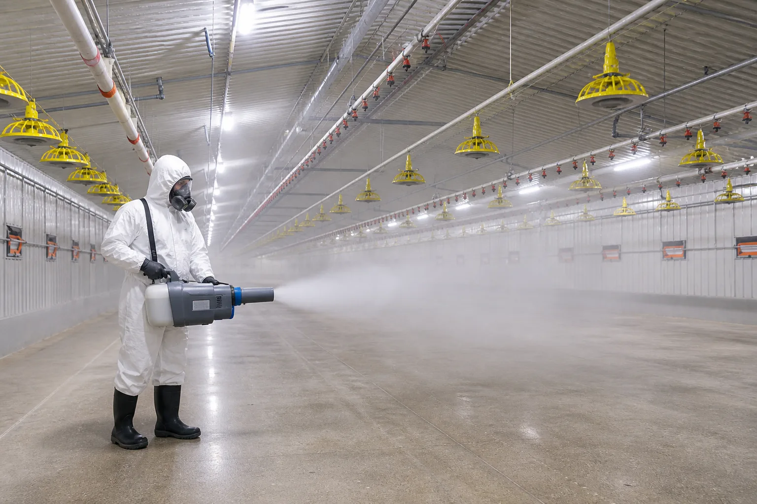 Terminal fogging carried out inside a cleaned and empty poultry house