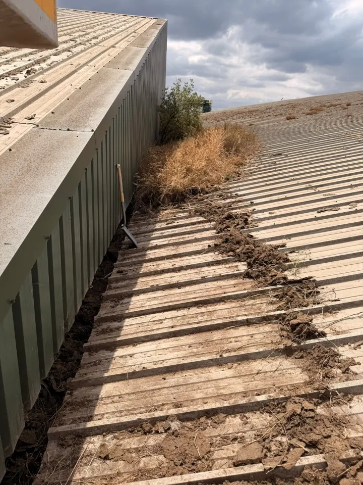 Commercial roof valley during manual vegetation and debris removal